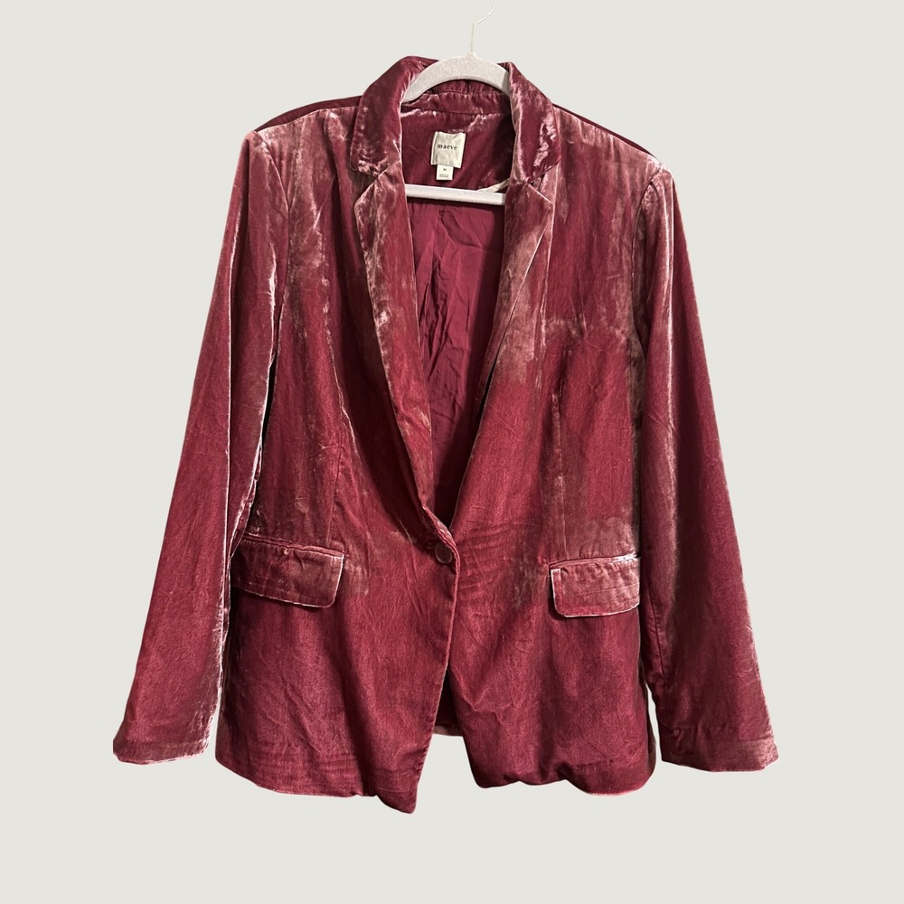 Maeve Anthropologie Velvet Blazer Berry Pink Single Button Jacket Womens Medium
